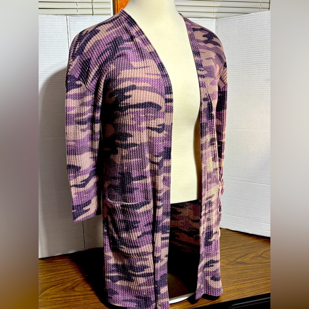 Lola Grace XL Camouflage Open-Front Cardigan no buttons 2 pockets 35”L purple